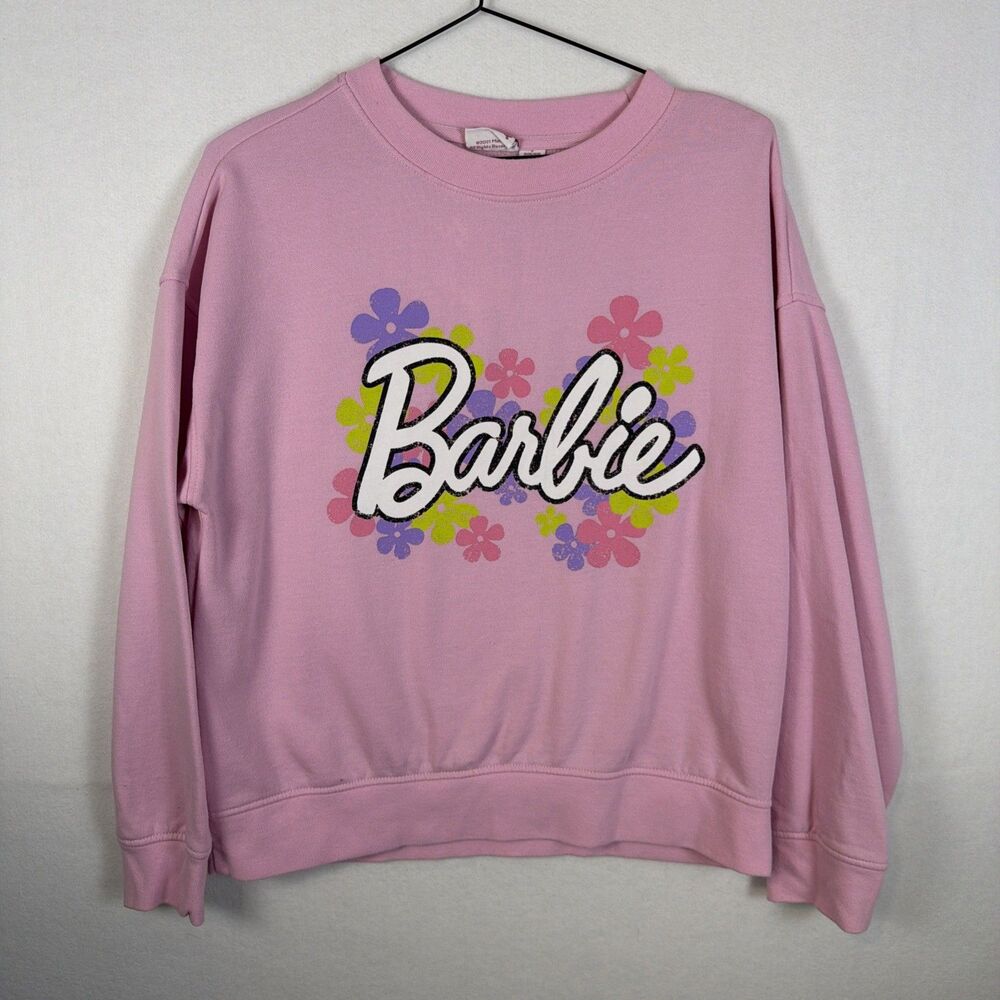 Barbie Womens Size Small Pink Floral Graphic Pullover Sweatshirt Long Sleeve